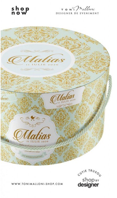 Cutie trusou botez verde menta si gold pattern in stil baroc 2